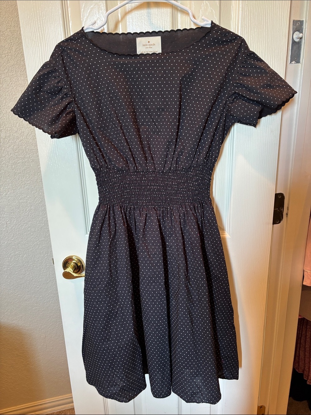 Kate Spade New York Pin Dot Scallop Poplin Mini Dress Smocked Black Size XS - Picture 2 of 8